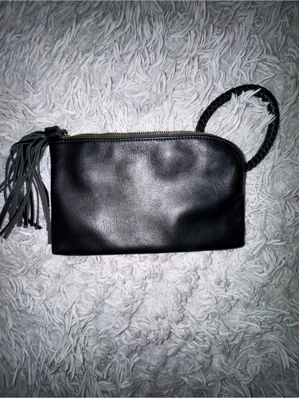 Black Faux Leather Structured Satchel Handbag Braided Handles Gold Zip Tassel